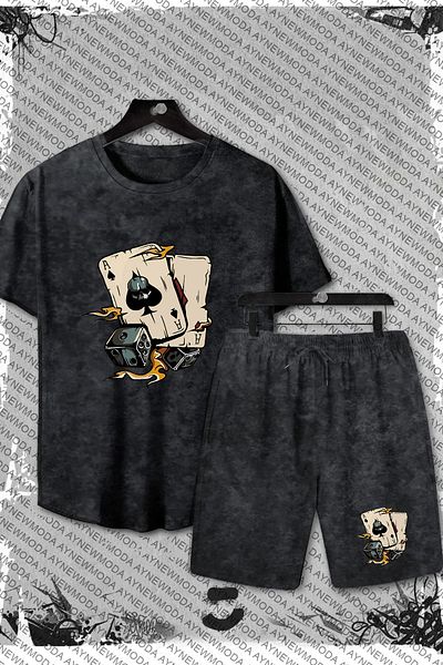 aynewmoda Oversize Black BarTic ShorTs and T-Shirt SeT - Dice and Playing Cards PrinTed