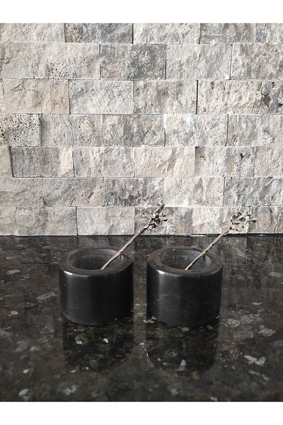 Zeybek Marble Marble 2-Piece Black Spice Bowl Set with 2 Spoons