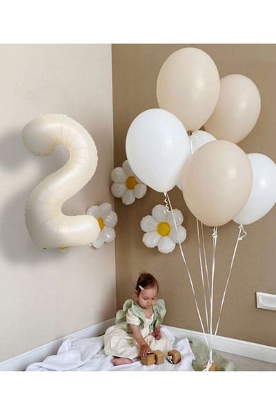 Çemrek Süs Parti Daisy Theme Birthday Set Beige Cream Number Retro Age Theme Birthday Spring Concept Balloon