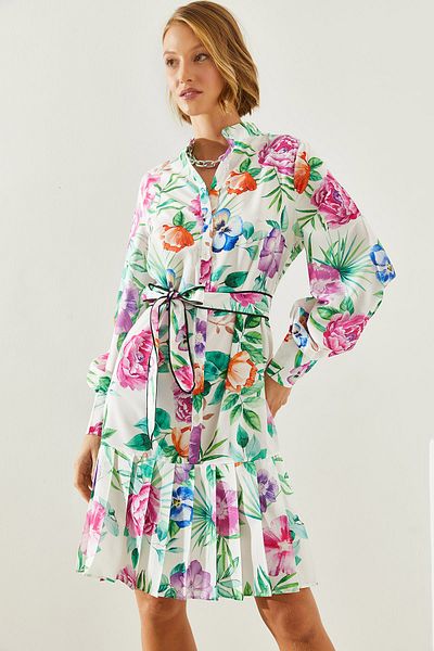 Bianco Lucci Pleated Skirt and Belted Floral Patterned Dress - 2242 60251713