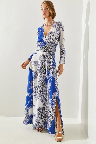 Bianco Lucci V-neck Elastic Waist Patterned Long Women's Dress - 2142 60251711