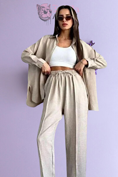 PARLAMARRY Beigefarbenes Leinenhemd- und Hosen-Set – Damen-Set mit Kordelzug ...