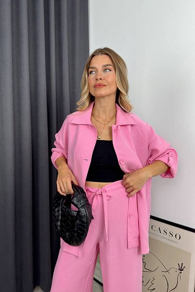Sue Store Set cămașă și pantaloni roz supradimensionat - cu nasturi