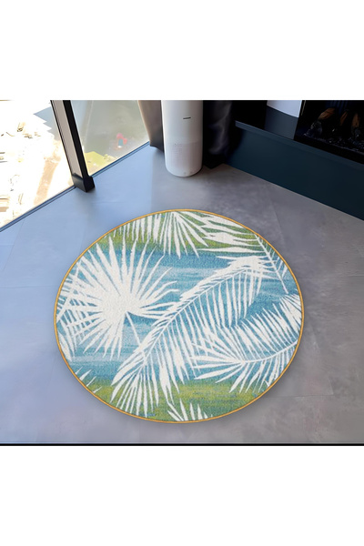 Rugs Modern Halı Mira Round Blue Green Tones Tropical Leaf Patterned Woven Ba...