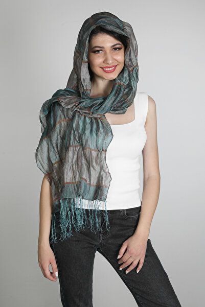 Mystic Gri Mavi Saten İpek Şal