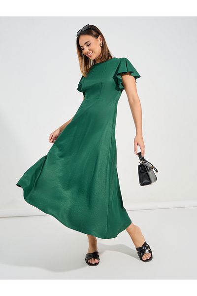 Causey By Styli Solid Frill Sleeves A-Line Maxi Dress