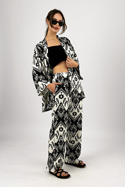 Betimoda Loose Fabric Lycra Women's Palazzo Trousers - 2-Piece Bottom-Top Set, Wrap Pattern, Black Buta