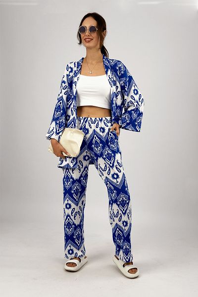 Betimoda Saks Blue Women's Palazzo Trousers and Summer 2-Piece Set - Lycra Wrapped Fabric