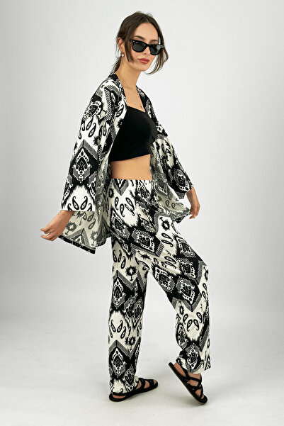 Betimoda Loose Fabric Lycra Women's Palazzo Trousers - 2-Piece Bottom-Top Set, Wrap Pattern, Black Buta