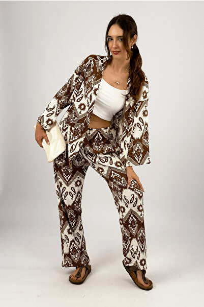 Betimoda Brown Lycra 2-Piece Bottom-Top Set - Loose Wide-Leg Palazzo Trousers and Wrinkled Fabric Summer