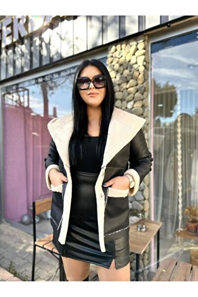 Ferdanur Başaran Oversize Full Kürk Detaylı Kadın Deri Mont