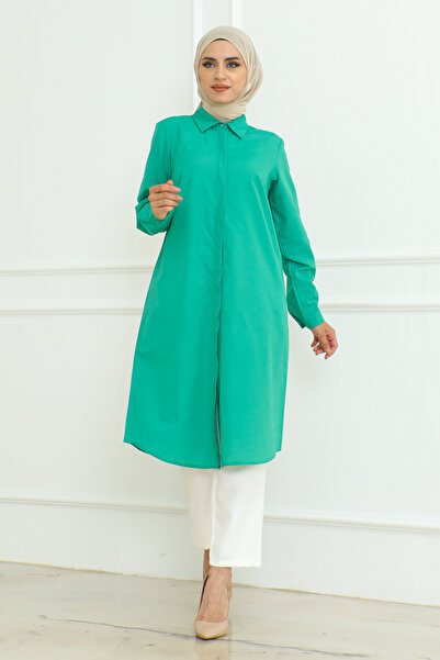 Eliva تونيك حجاب طويل بأكمام طويلة وياقة وأزرار باللون الفيروزي للنساء