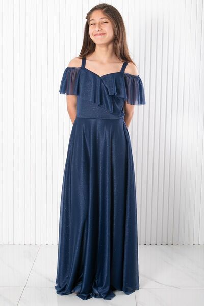 DENİMİNİ Simli Tül Askılı Kayık Yaka Astarlı Abiye Mezuniyet Elbisesi Lacivert DNM938