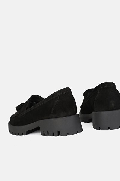 TUNAELLİ KADIN SİYAH SÜET HAKİKİ DOĞAL DERİ 36-41 NUMARA PÜSKÜLLÜ LOAFER AYAKKABI