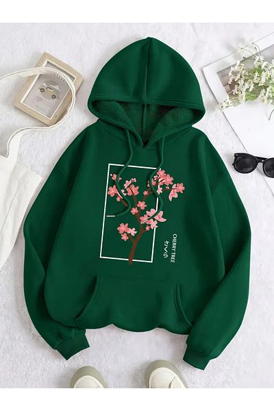 QUEENSTOWN Hanorac de damă cu glugă supradimensionat cu imprimeu floral pe piept verde Nefti - 3 fire