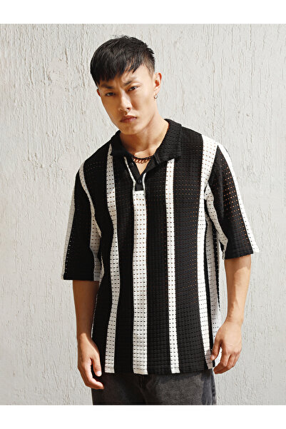 Hubberholme By Styli Eyelet Design Striped Knit Polo