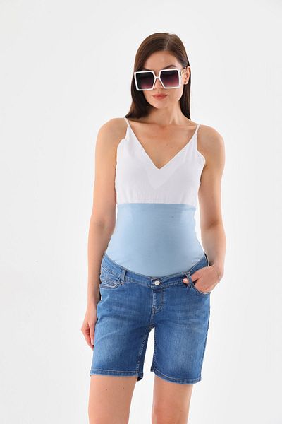 MEGHAN L.A Pantaloni scurți din denim cu bandă elastică pentru burtă albastră