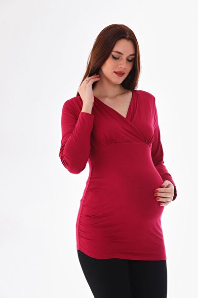 MEGHAN L.A Μπλούζα από μαλακό ελαστικό ύφασμα με διπλό γιακά μητρότητας μπορντό