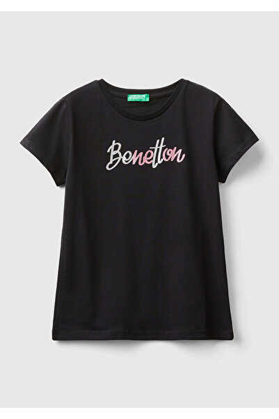 United Colors of Benetton Fată - Tricou negru cu decolteu rotund cu sigla str...