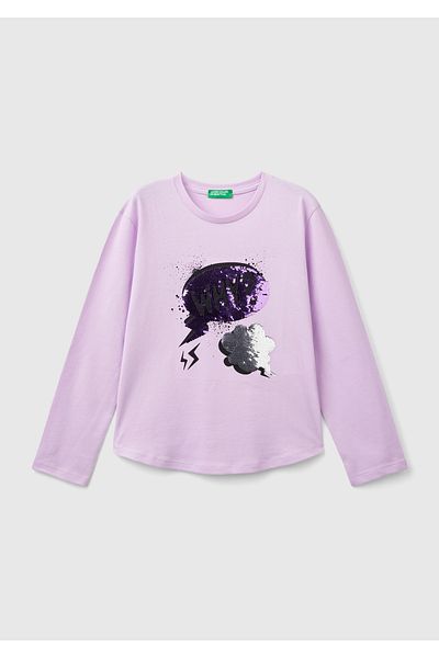 United Colors of Benetton Tricou pentru fetiță cu mânecă lungă cu tiv rotund cu paiete liliac