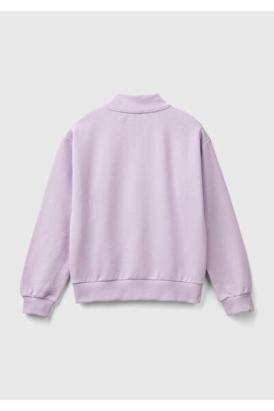 United Colors of Benetton Kız Çocuk Lila Parıltılı Logo Baskılı Fermuarlı Cepli Yüksek Yaka Sweatshirt