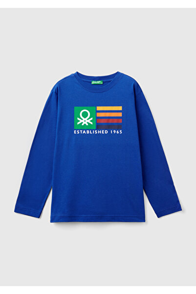 United Colors of Benetton Μακρυμάνικο μπλουζάκι για αγόρι - Saks μπλε, πολύχρωμο λογότυπο με στάμπα με λαιμόκοψη