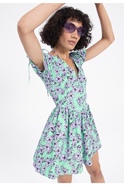 St boutique Yeşil Derin Gögüs Dekolteli Çiçek Desen Elbise