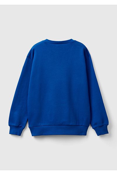United Colors of Benetton Erkek Çocuk Saks Mavi Önü Logo Baskılı Bisiklet Yaka Ribanalı Sweatshirt