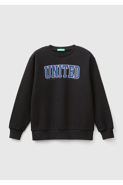 United Colors of Benetton Черен суитшърт за момче - кръгло деколте, рипсено, щамповано лого отпред