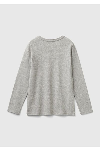 United Colors of Benetton Girl's Gray Melange Regular Fit Long Sleeve T-Shirt with Glitter Logo Print on the Front