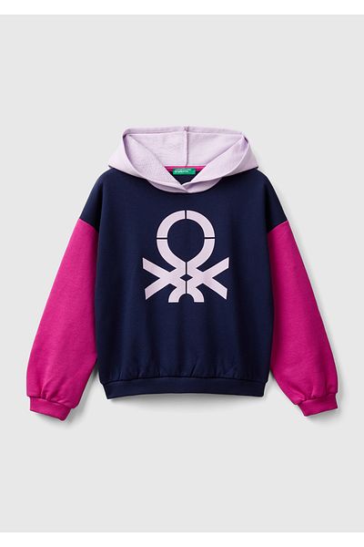 United Colors of Benetton Girl's Navy Blue Logo Printed Water Based Hooded Sweatshirt
