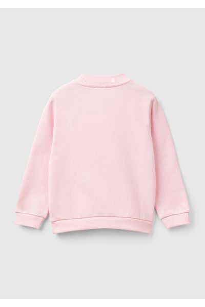 United Colors of Benetton Light Pink Girl's Sweatshirt - Logo Printed, Zipper and Pocket