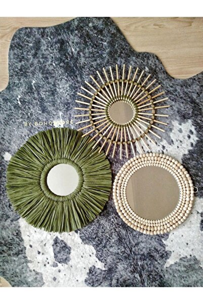 GLSTN By Bohostore Yeşil rafya ayna seti, Bohem ayna , Dekoratif ayna seti