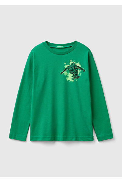 United Colors of Benetton Πράσινο μπλουζάκι για αγόρι - Μπροστά με τύπωμα , Ριμπάνες, Λαιμόκοψη, Μακρυμάνικο