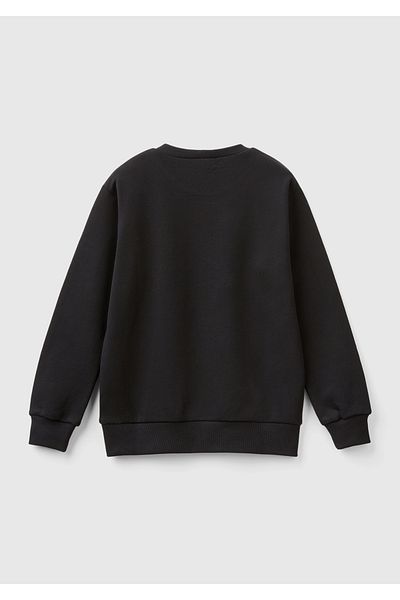 United Colors of Benetton Черен суитшърт за момче - кръгло деколте, рипсено, щамповано лого отпред