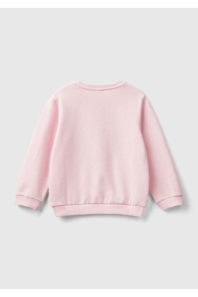 United Colors of Benetton Light Pink Girl's Sweatshirt - Embroidered Regular Cut, Rib Detailed, Crew Neck