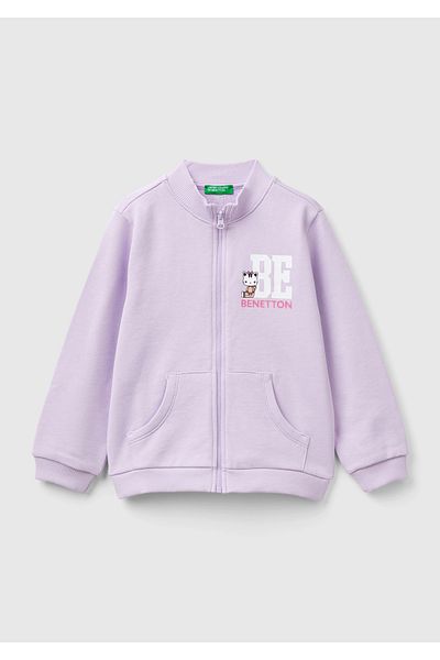 United Colors of Benetton Lilac Girl's Sweatshirt - Logo Printed, Zipper and Pocket