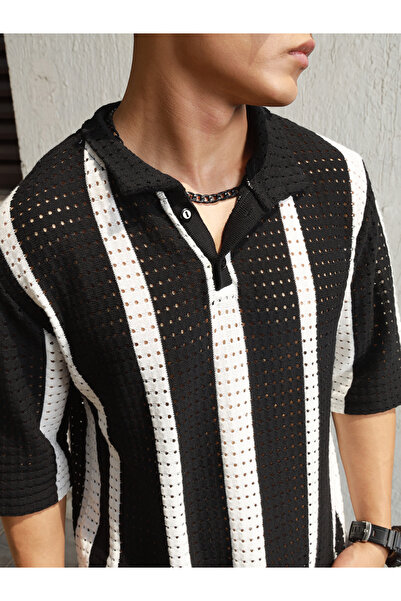 Hubberholme By Styli Eyelet Design Striped Knit Polo