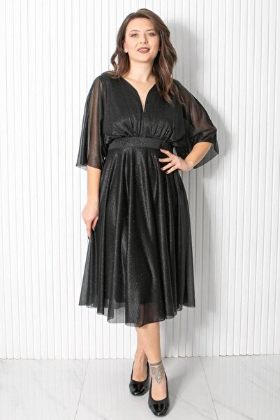 DENİMİNİ Simli Tül Beli Likralı Astarlı Büyük Beden Abiye Elbise DNM902