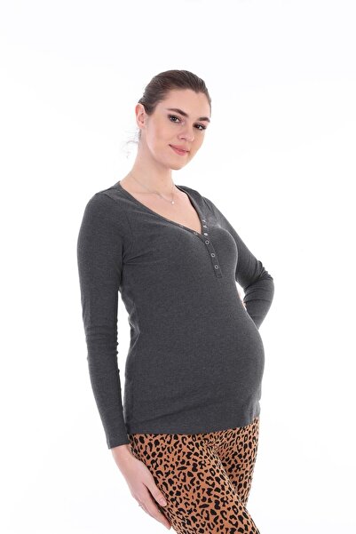 MEGHAN L.A Anthracite Maternity Cotton Stretchy Corded Fabric Blouse