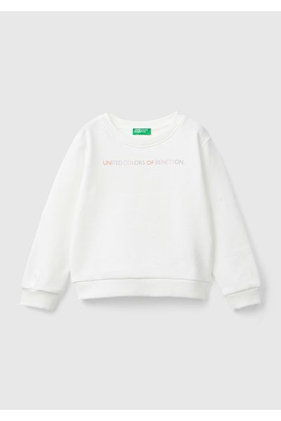 United Colors of Benetton White Glitter Logo Printed Girl's Sweatshirt - Crew Neck, Regular Fit
