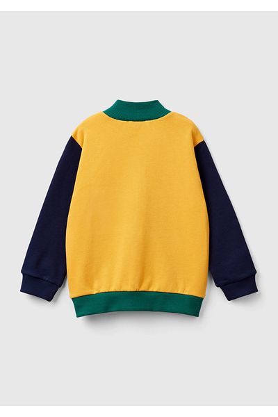 United Colors of Benetton Boy's Yellow Logo Printed Hooded Stand Collar Sweatshirt - Pocket and Zipper