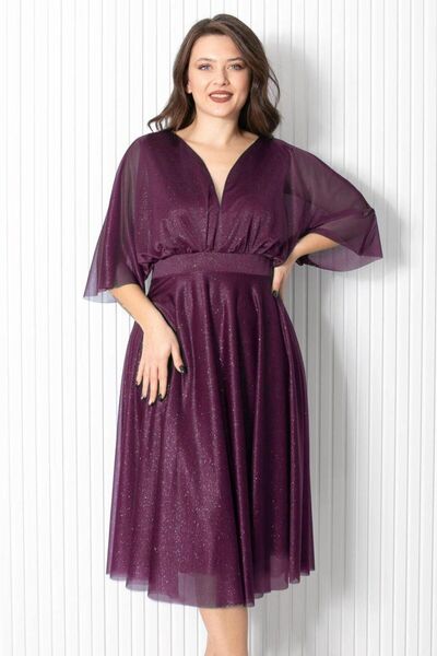 DENİMİNİ Simli Tül Beli Likralı Astarlı Büyük Beden Abiye Elbise DNM902