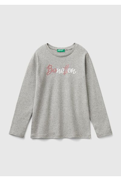 United Colors of Benetton Girl's Gray Melange Regular Fit Long Sleeve T-Shirt with Glitter Logo Print on the Front