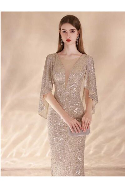 elissaa V YAKA MELEK KOL PULPAYET UZUN ABİYE ELBİSE