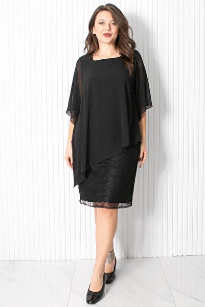 DENİMİNİ İnci Detaylı Şifon Dantel Etekli Büyük Beden Abiye Elbise DNM908