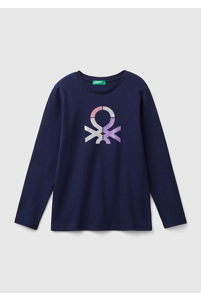 United Colors of Benetton Μπλουζάκι για κορίτσια με κανονική εφαρμογή Navy Blue - Glitter Logo Print, Μακρυμάνικο
