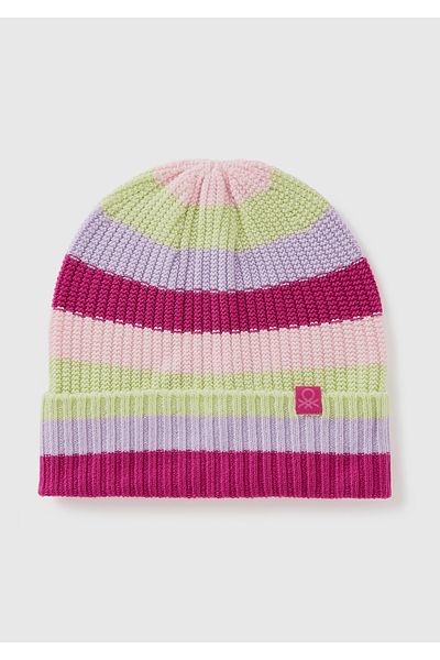 United Colors of Benetton Boy's Pink Mix Logo Label Color Block Knitted Beret