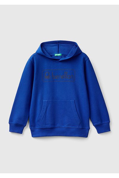United Colors of Benetton Erkek Çocuk Saks Mavi Önü Logo Baskılı Ribanalı Kapüşonlu Sweatshirt