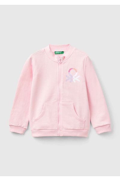 United Colors of Benetton Light Pink Girl's Sweatshirt - Logo Printed, Zipper and Pocket